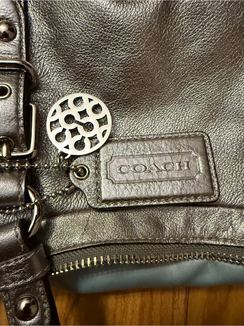 COACH Metallic Pewter Leather Shoulder Bag with Signature Charm